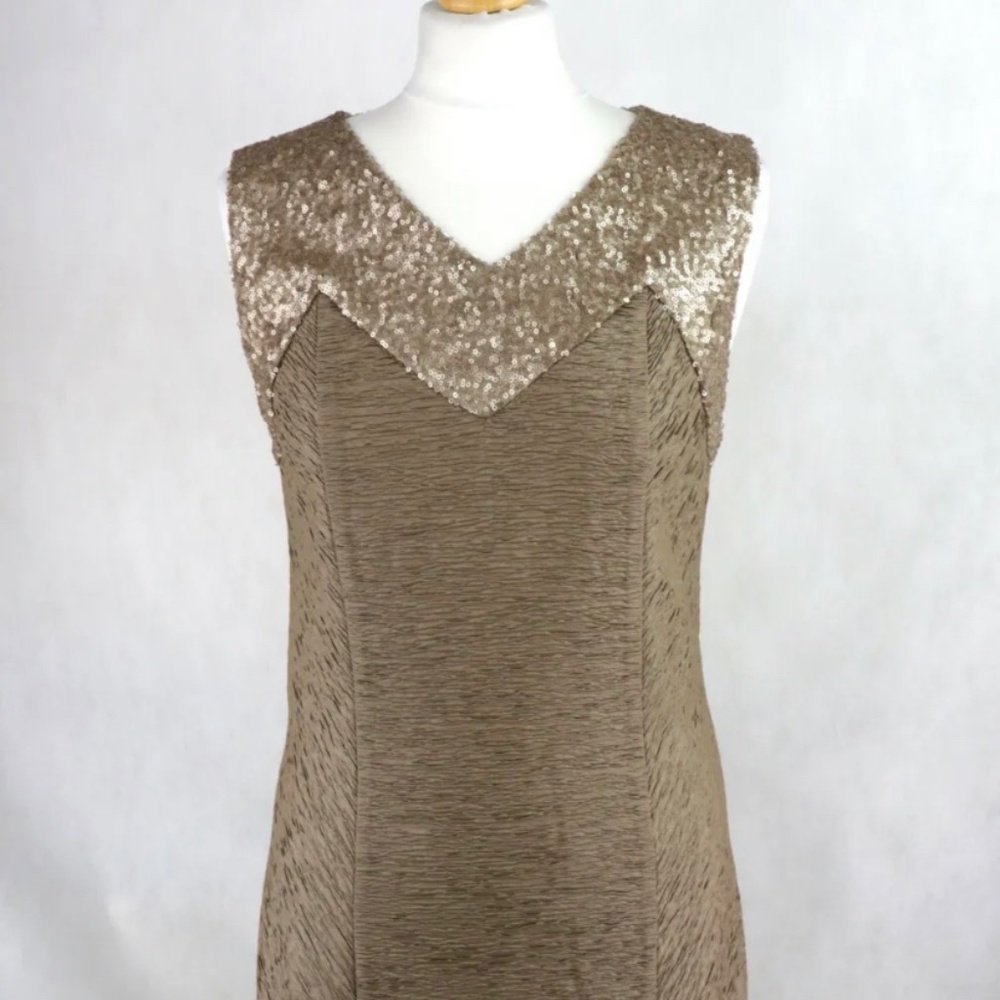 MAYA Bodycon Gold Sequin Dress Size UK 12 Knee length V-neck Textured Evening